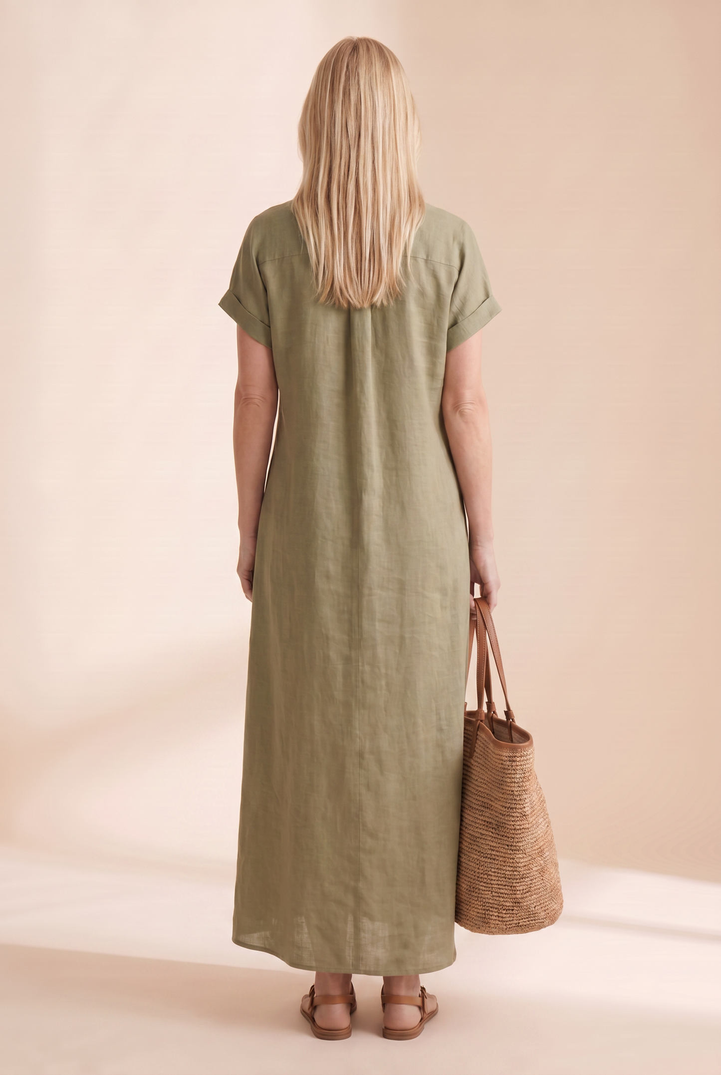 Vestido camisero largo de manga corta con botones para mujer-Maxi Dress-Casaluzia