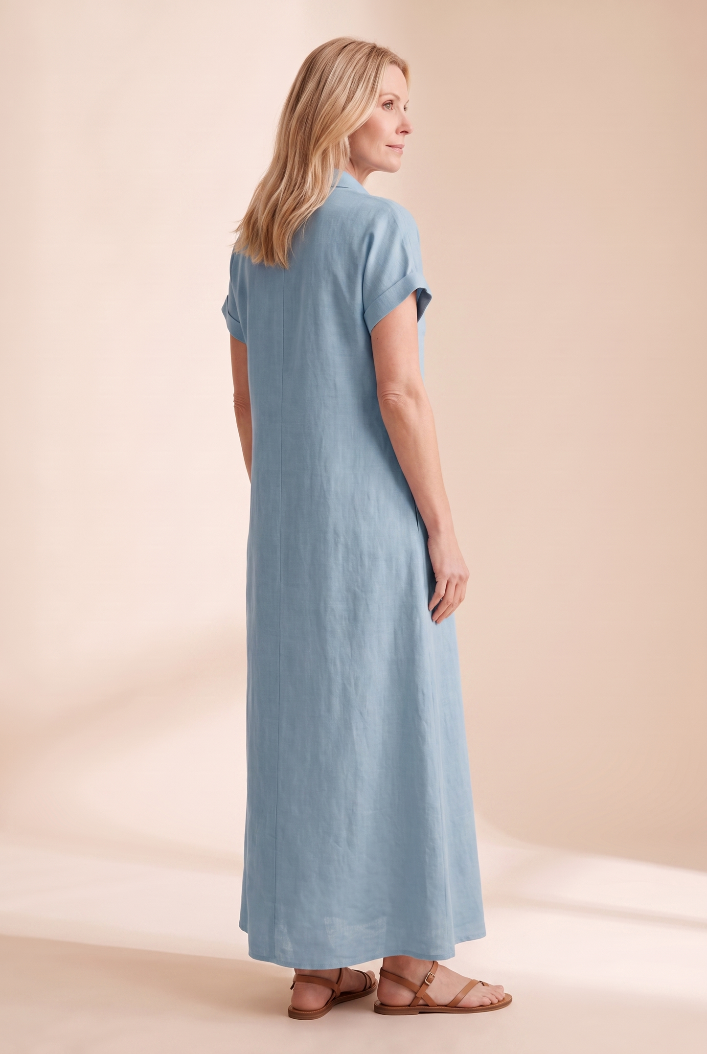 Vestido camisero largo de manga corta con botones para mujer-Maxi Dress-Casaluzia