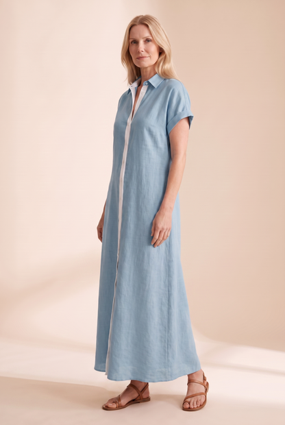 Vestido camisero largo de manga corta con botones para mujer-Maxi Dress-Casaluzia
