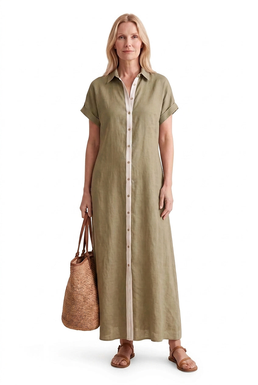 Vestido camisero largo de manga corta con botones para mujer-Maxi Dress-Casaluzia