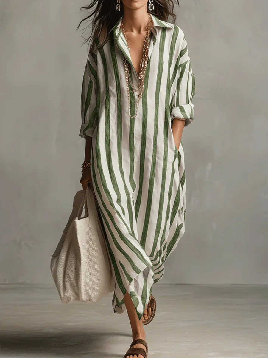 Vestido camisero largo de rayas con cuello para mujer-Maxi Dress-Casaluzia
