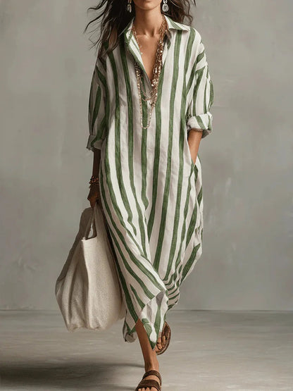 Vestido camisero largo de rayas con cuello para mujer-Maxi Dress-Casaluzia