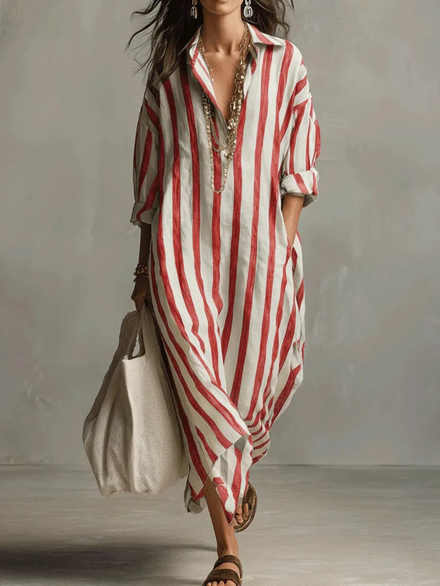 Vestido camisero largo de rayas con cuello para mujer-Maxi Dress-Casaluzia