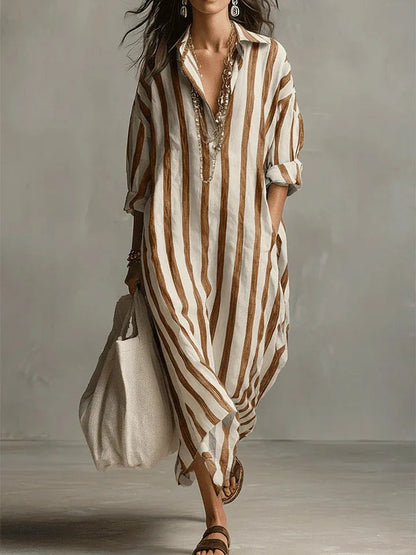 Vestido camisero largo de rayas con cuello para mujer-Maxi Dress-Casaluzia