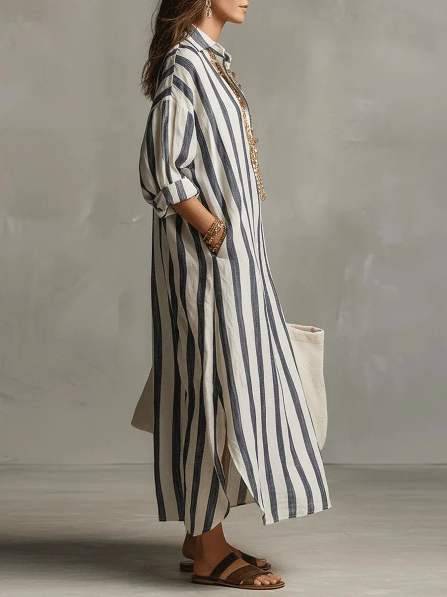 Vestido camisero largo de rayas con cuello para mujer-Maxi Dress-Casaluzia