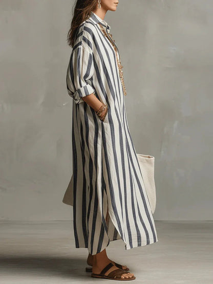 Vestido camisero largo de rayas con cuello para mujer-Maxi Dress-Casaluzia