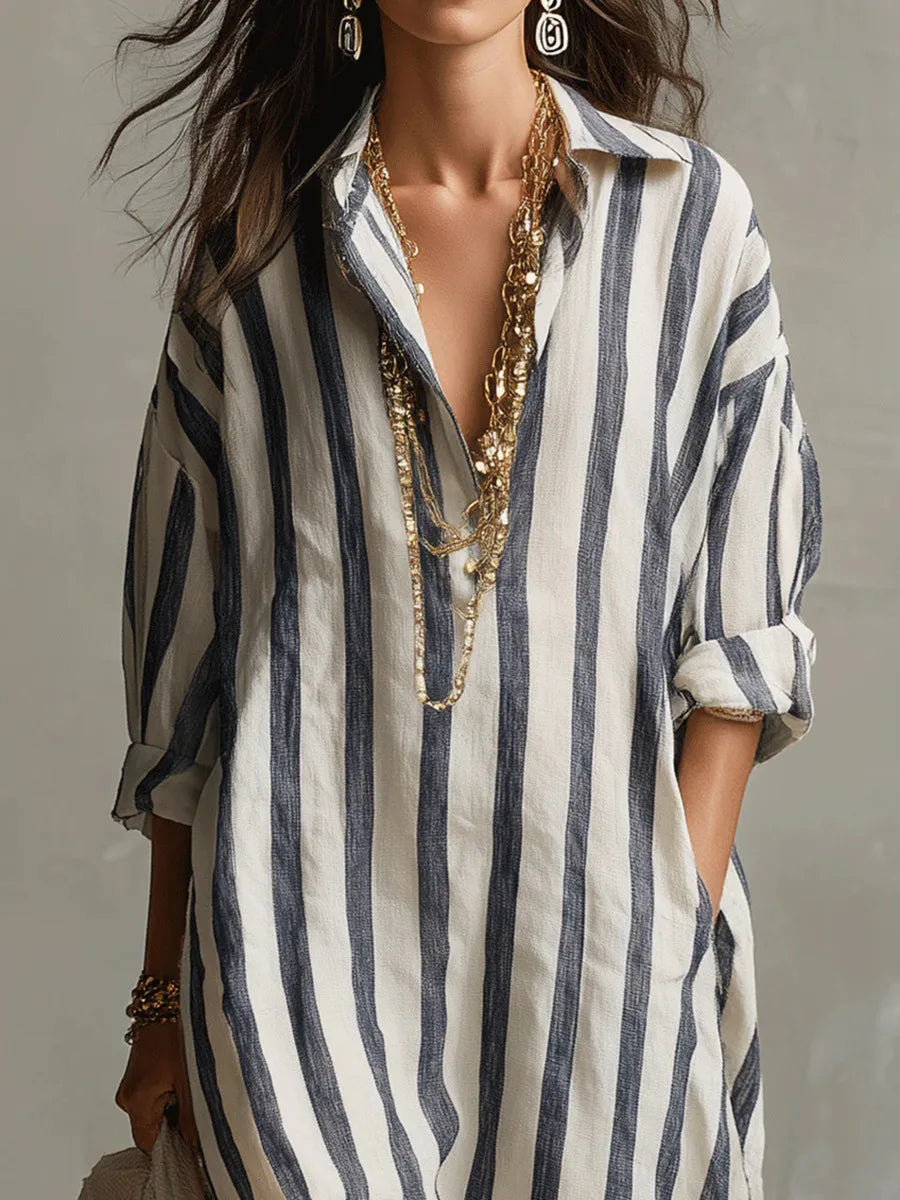 Vestido camisero largo de rayas con cuello para mujer-Maxi Dress-Casaluzia