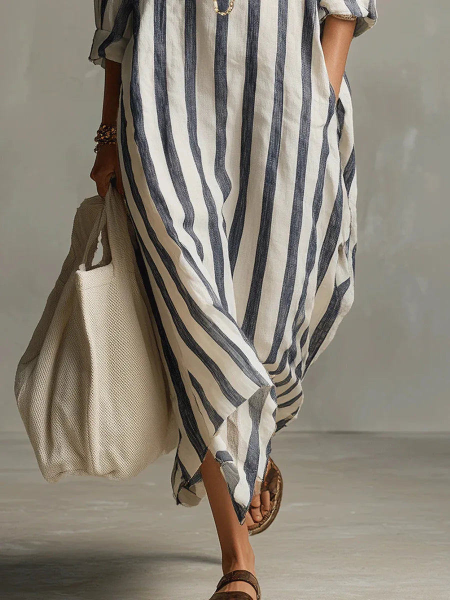 Vestido camisero largo de rayas con cuello para mujer-Maxi Dress-Casaluzia