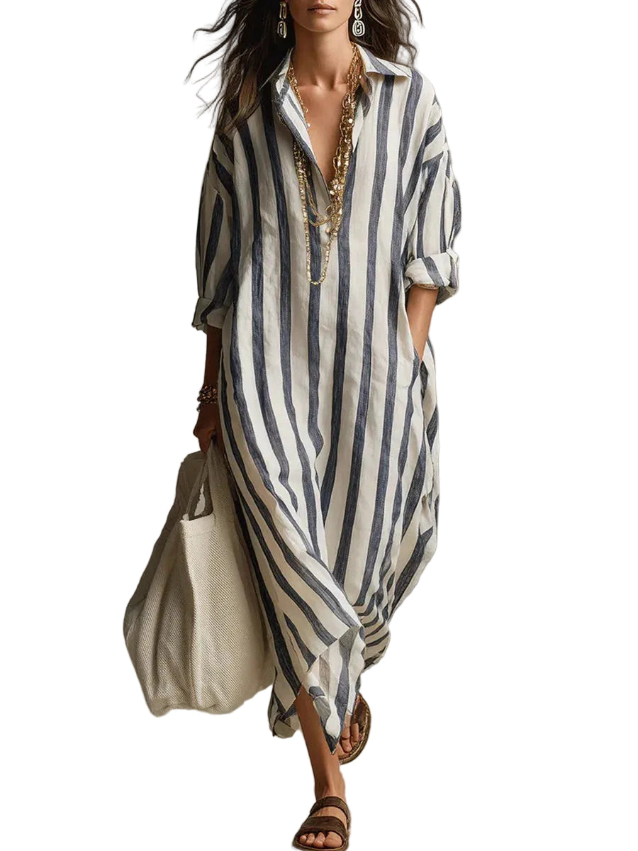 Vestido camisero largo de rayas con cuello para mujer-Maxi Dress-Casaluzia