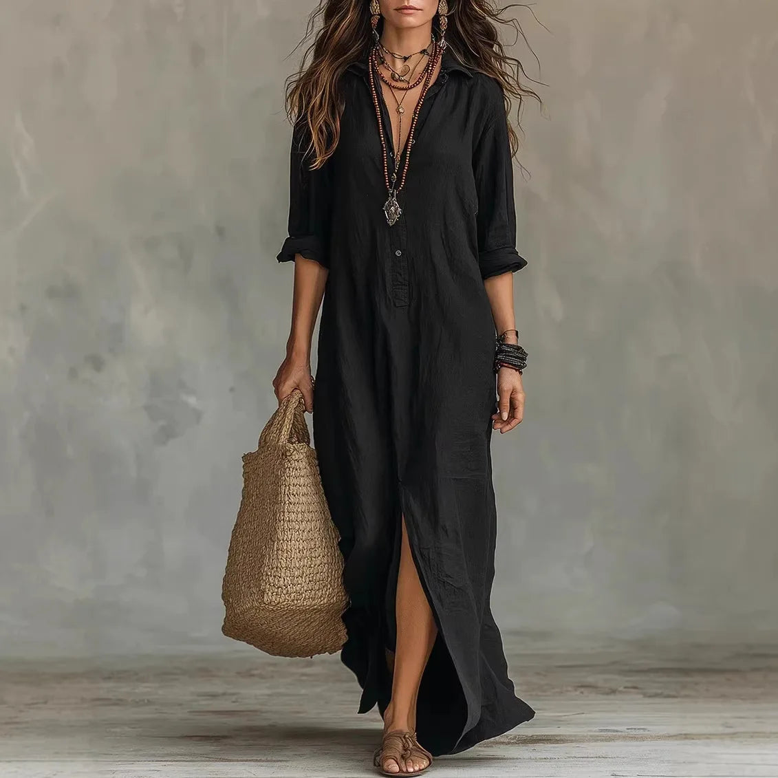 Vestido Camisero Maxi de Manga Larga con Botones para Mujer-Maxi Dress-Casaluzia