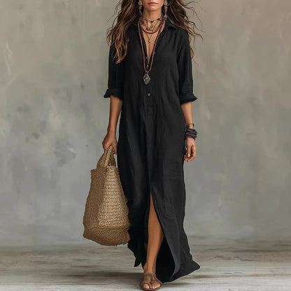 Vestido Camisero Maxi de Manga Larga con Botones para Mujer-Maxi Dress-Casaluzia