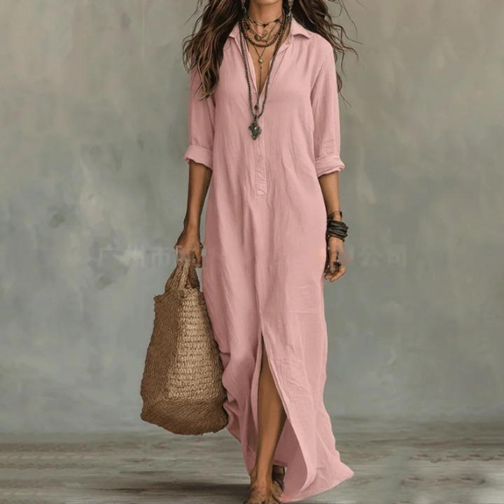 Vestido Camisero Maxi de Manga Larga con Botones para Mujer-Maxi Dress-Casaluzia