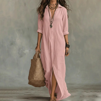 Vestido Camisero Maxi de Manga Larga con Botones para Mujer-Maxi Dress-Casaluzia