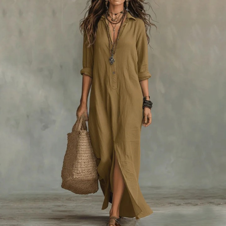 Vestido Camisero Maxi de Manga Larga con Botones para Mujer-Maxi Dress-Casaluzia