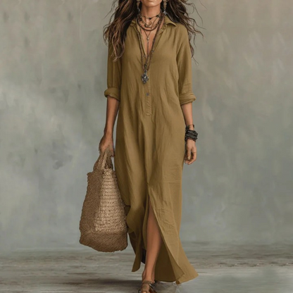 Vestido Camisero Maxi de Manga Larga con Botones para Mujer-Maxi Dress-Casaluzia