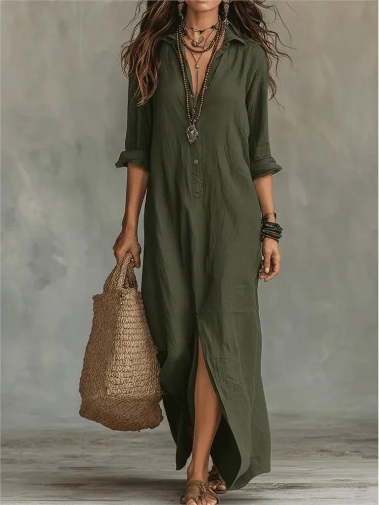 Vestido Camisero Maxi de Manga Larga con Botones para Mujer-Maxi Dress-Casaluzia