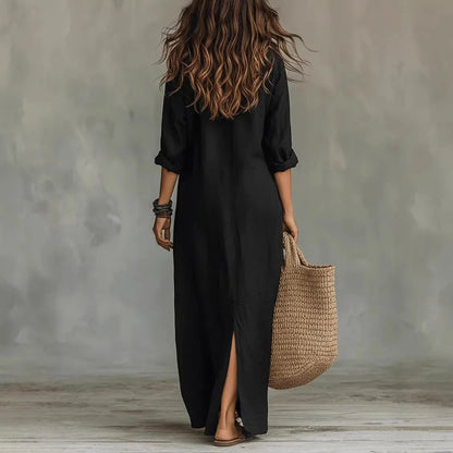 Vestido Camisero Maxi de Manga Larga con Botones para Mujer-Maxi Dress-Casaluzia