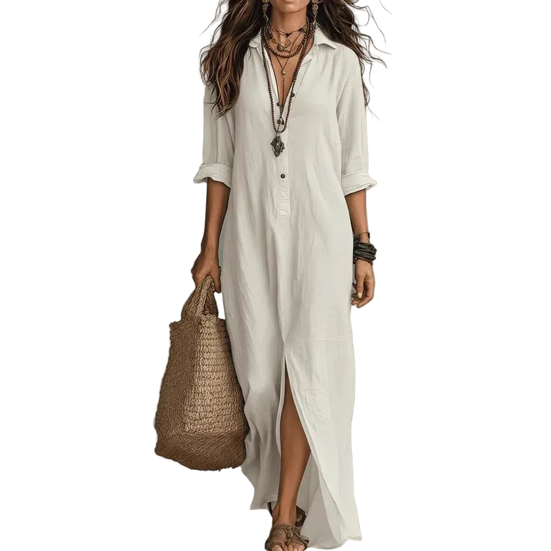 Vestido Camisero Maxi de Manga Larga con Botones para Mujer-Maxi Dress-Casaluzia