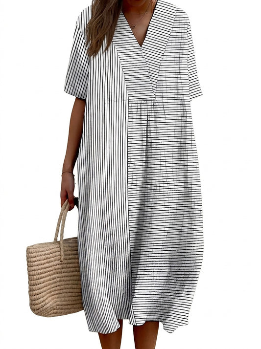Vestido camisero midi a rayas con cuello en V para mujer-Midi Dress-Casaluzia