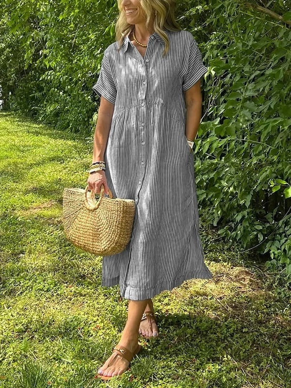 Vestido Camisero Midi a Rayas para Mujer-Midi Dress-Casaluzia