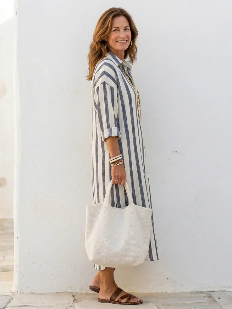 Vestido camisero midi a rayas para mujer-Tops & Blouses-Casaluzia