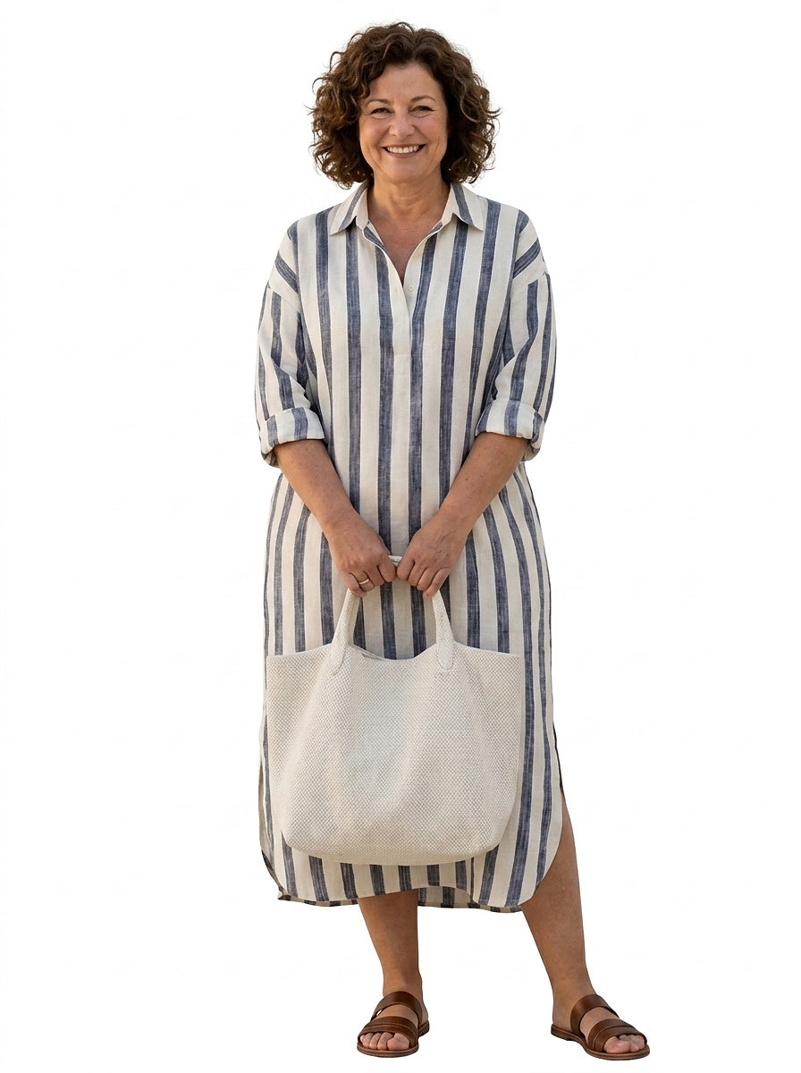 Vestido camisero midi a rayas para mujer-Tops & Blouses-Casaluzia