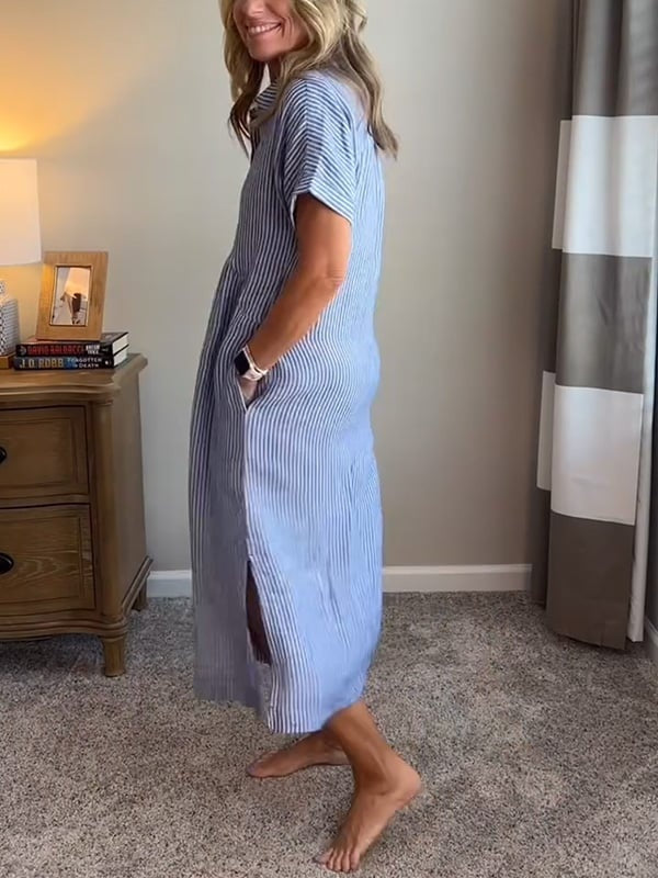Vestido Camisero Midi a Rayas para Mujer-Midi Dress-Casaluzia
