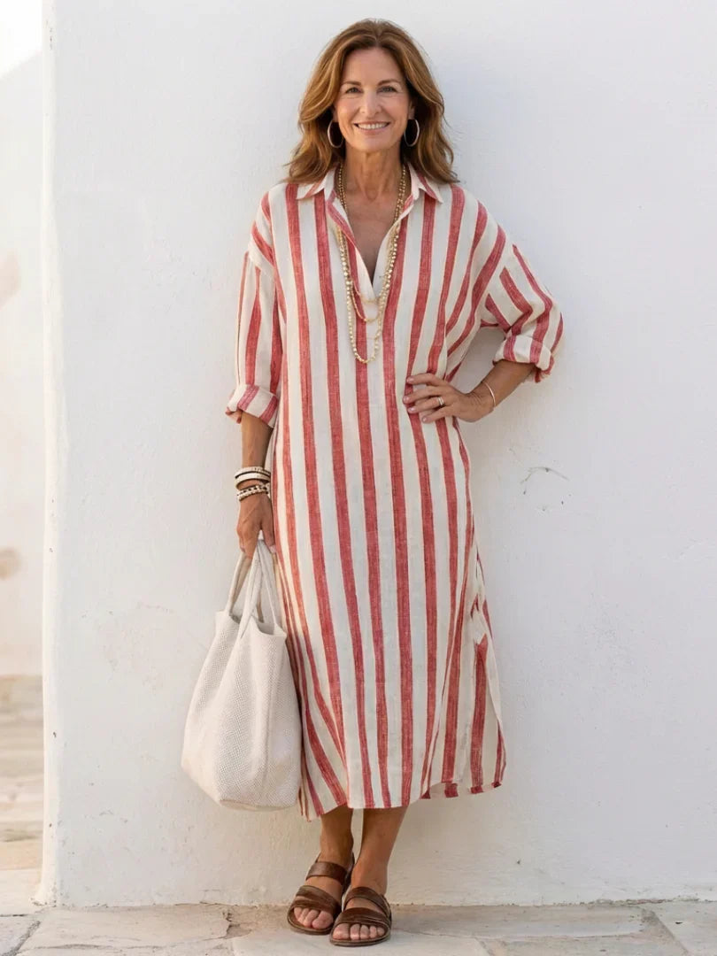 Vestido camisero midi a rayas para mujer-Tops & Blouses-Casaluzia