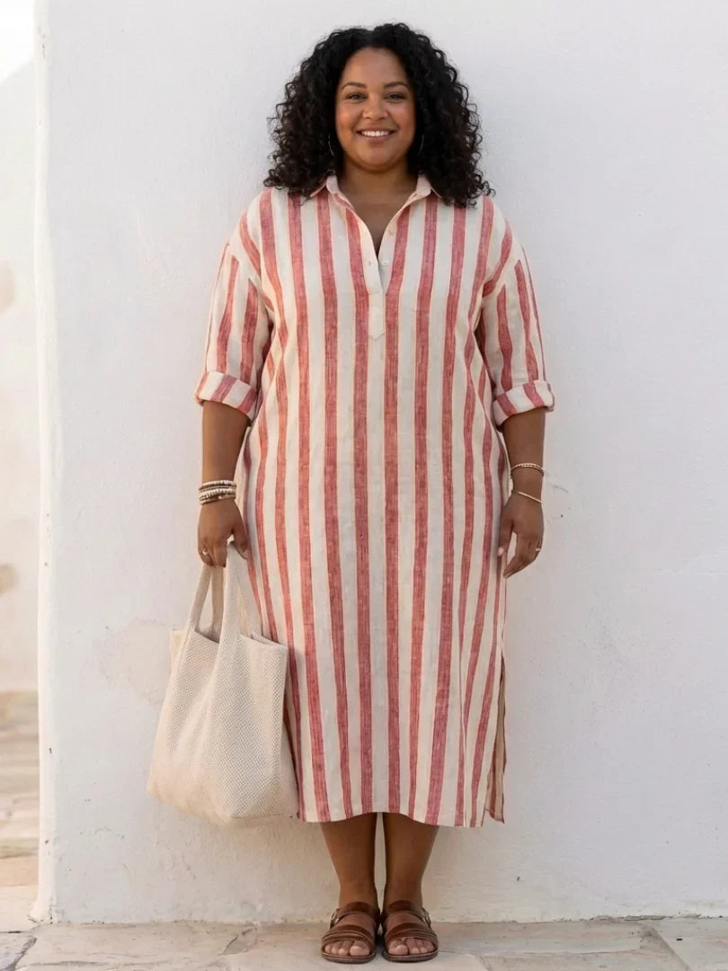Vestido camisero midi a rayas para mujer-Tops & Blouses-Casaluzia