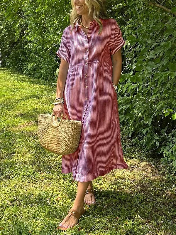 Vestido Camisero Midi a Rayas para Mujer-Midi Dress-Casaluzia