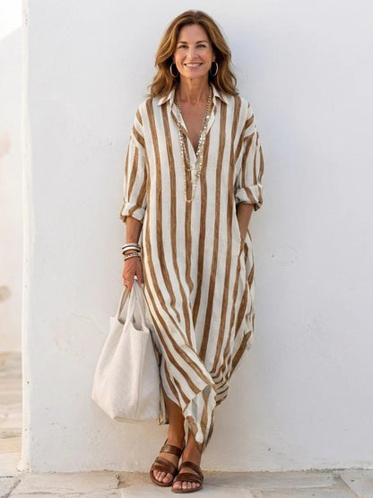 Vestido camisero midi a rayas para mujer-Tops & Blouses-Casaluzia