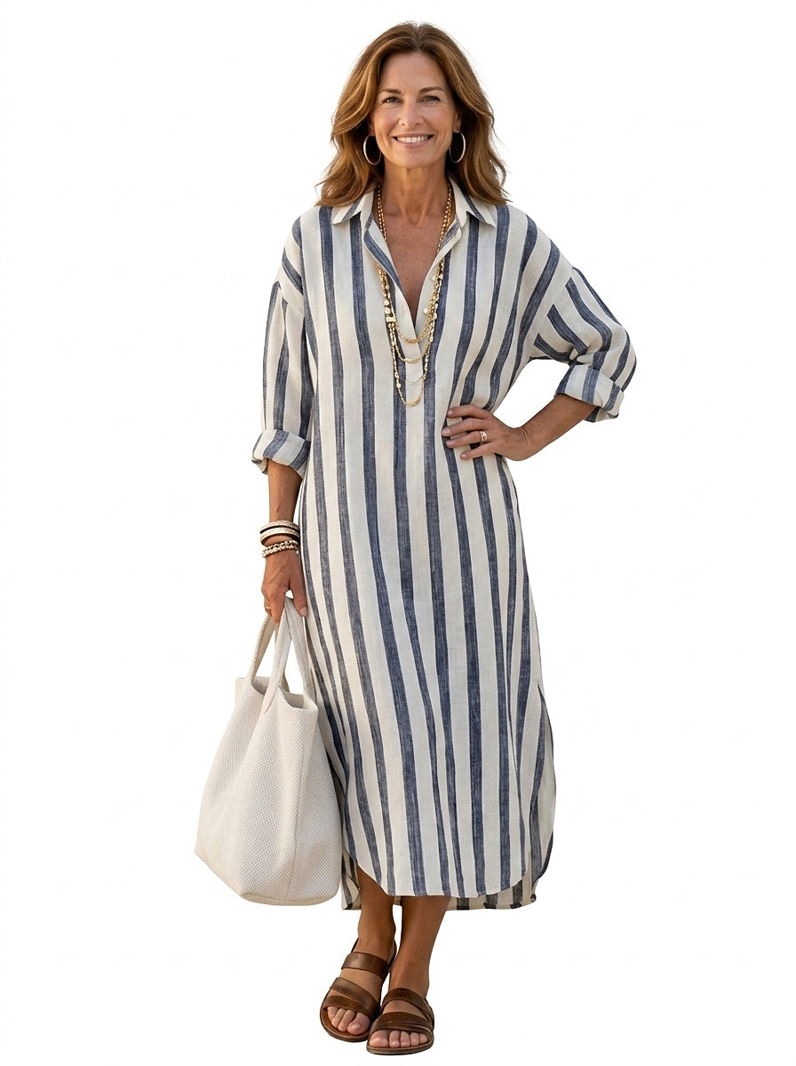 Vestido camisero midi a rayas para mujer-Tops & Blouses-Casaluzia