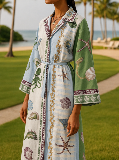 Vestido camisero midi estampado con cinturón para mujer-Midi Dress-Casaluzia