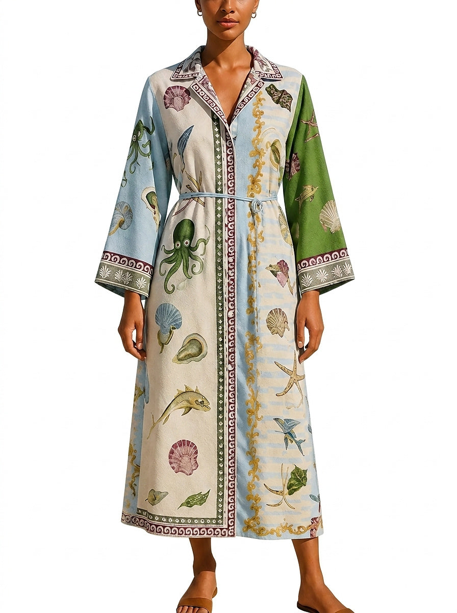Vestido camisero midi estampado con cinturón para mujer-Midi Dress-Casaluzia