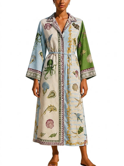 Vestido camisero midi estampado con cinturón para mujer-Midi Dress-Casaluzia