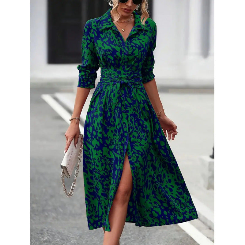 Vestido camisero midi para mujer con lazo en la cintura-Maxi Dress-Casaluzia