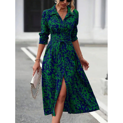 Vestido camisero midi para mujer con lazo en la cintura-Maxi Dress-Casaluzia