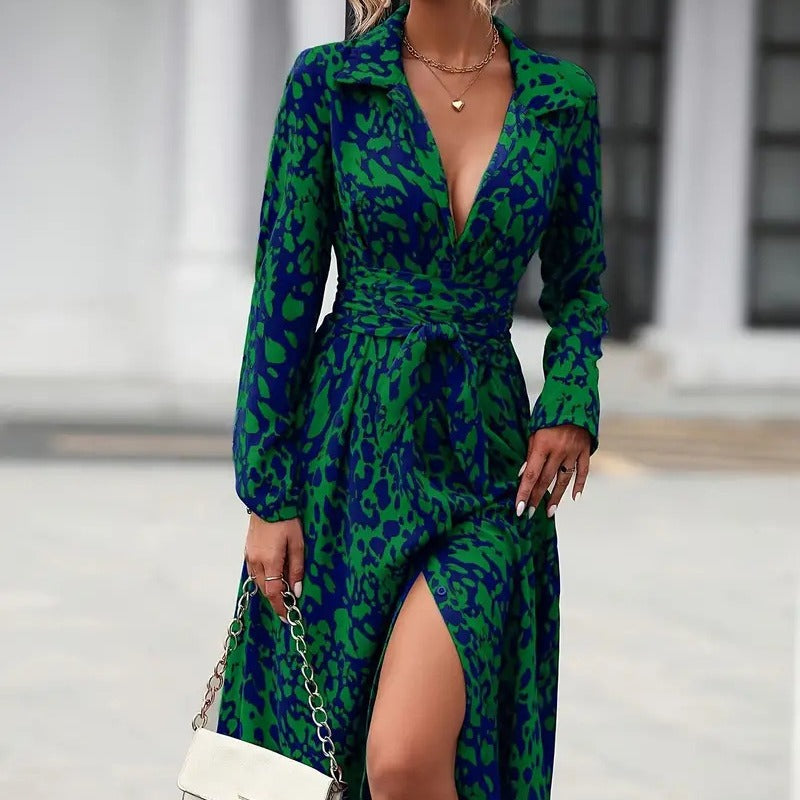 Vestido camisero midi para mujer con lazo en la cintura-Maxi Dress-Casaluzia