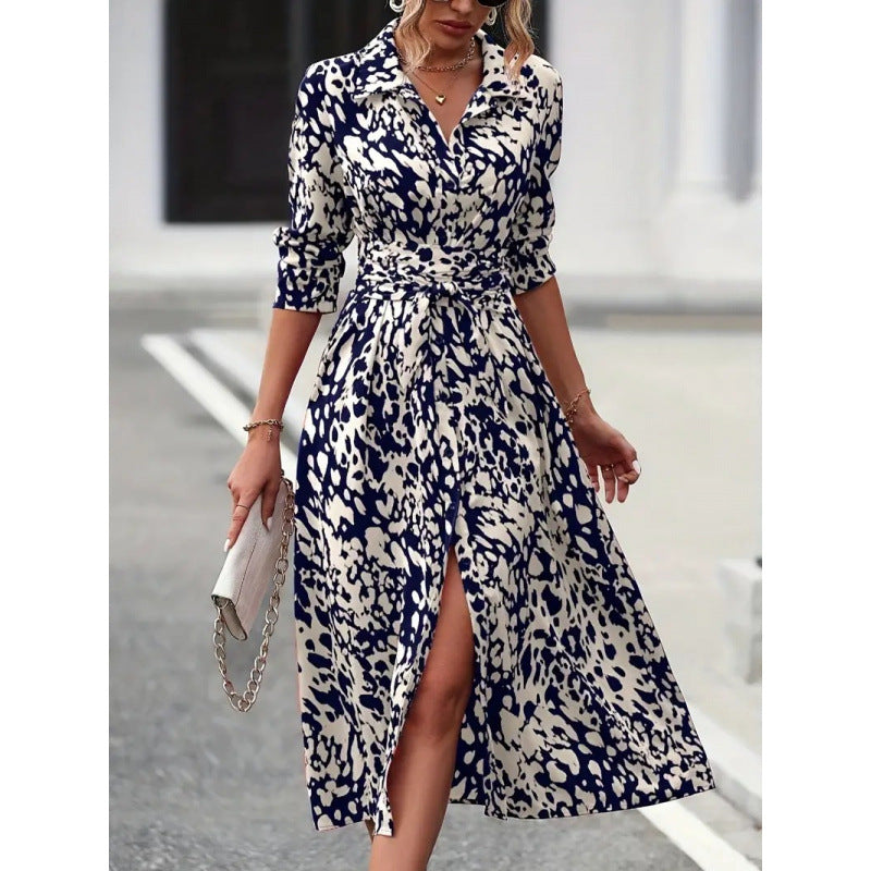 Vestido camisero midi para mujer con lazo en la cintura-Maxi Dress-Casaluzia