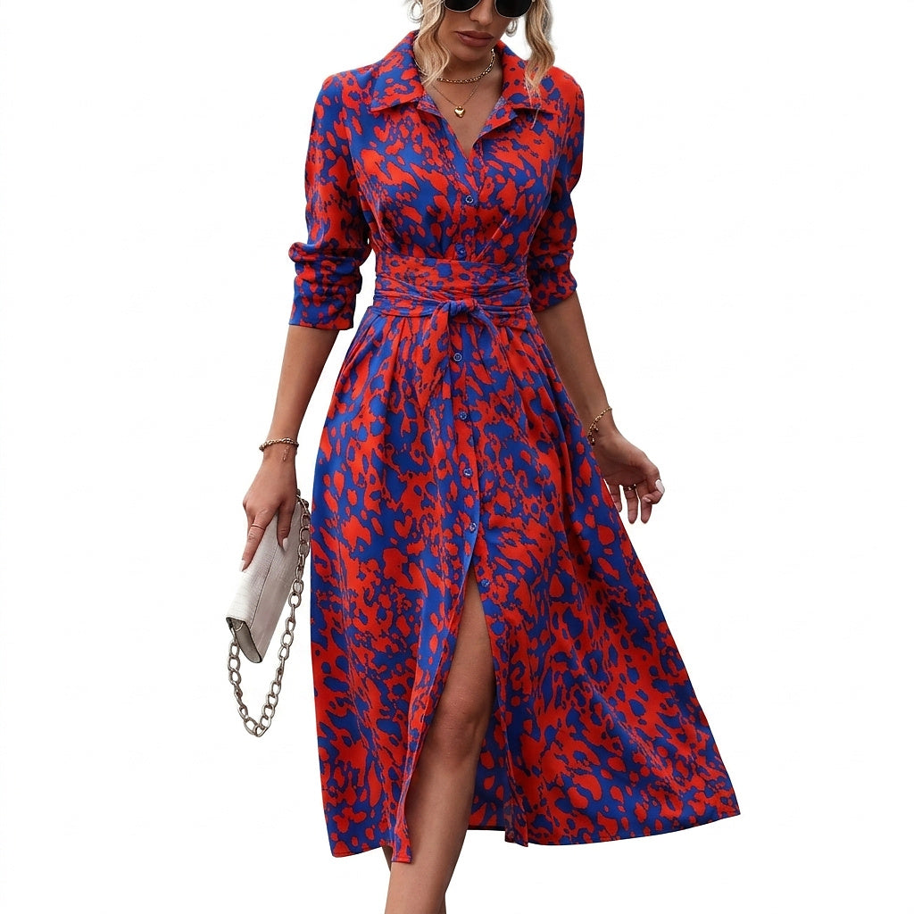 Vestido camisero midi para mujer con lazo en la cintura-Maxi Dress-Casaluzia