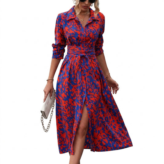 Vestido camisero midi para mujer con lazo en la cintura-Maxi Dress-Casaluzia