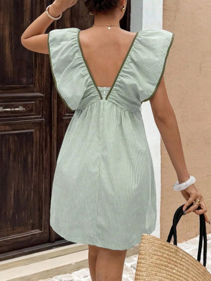 Vestido corto a rayas para mujer con mangas con volantes-Mini Dress-Casaluzia