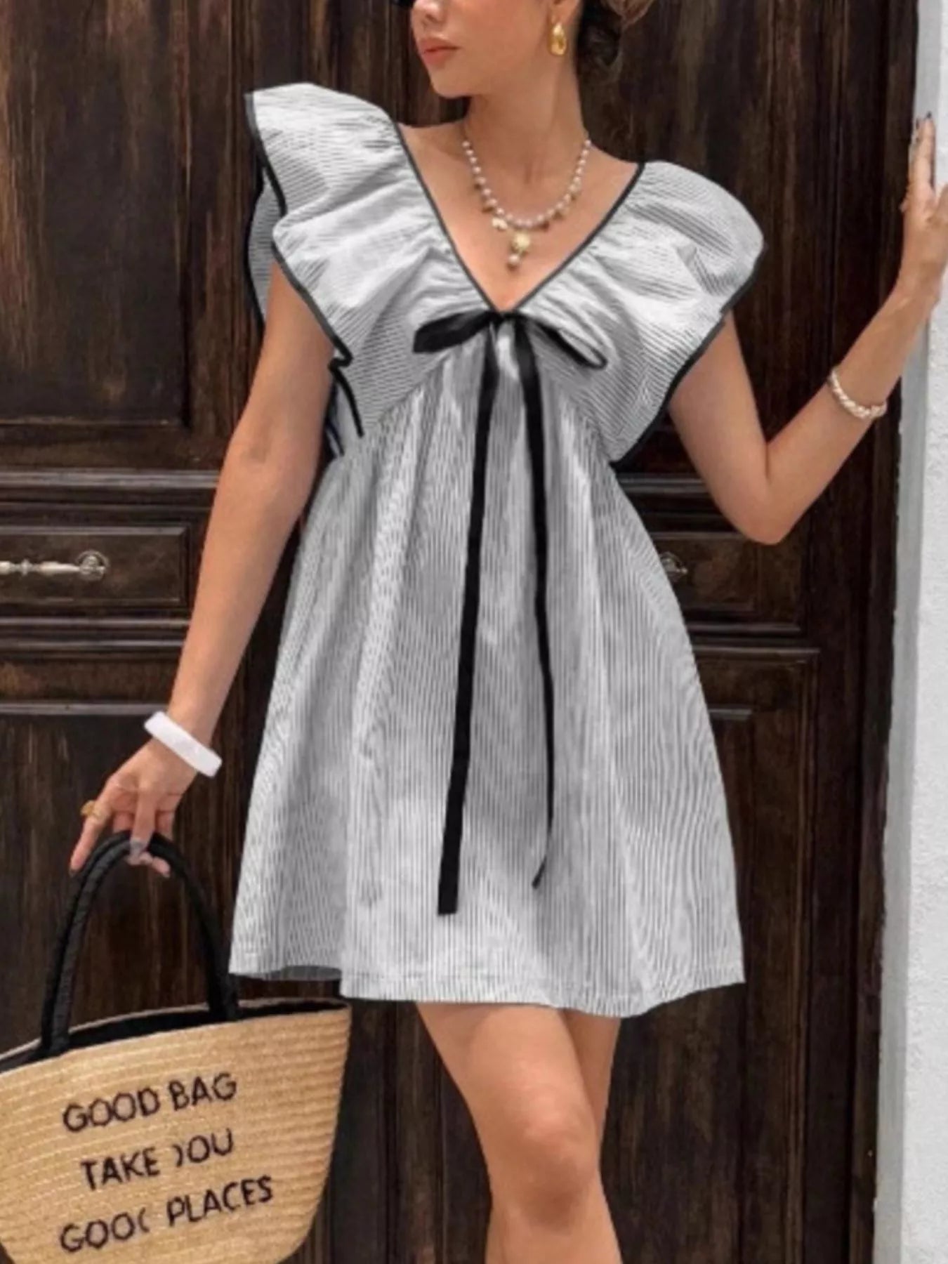 Vestido corto a rayas para mujer con mangas con volantes-Mini Dress-Casaluzia