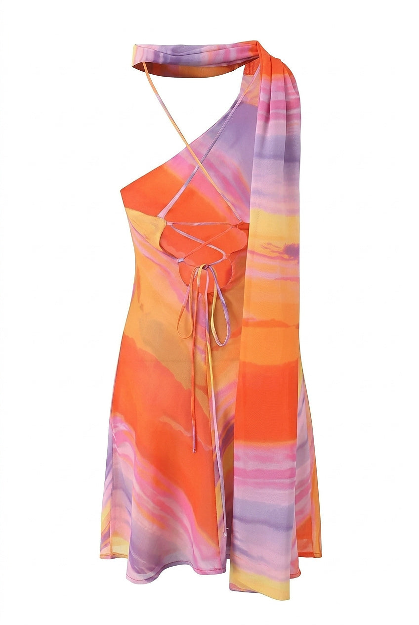 Vestido corto con cuello halter asimétrico para mujer-Mini Dress-Casaluzia