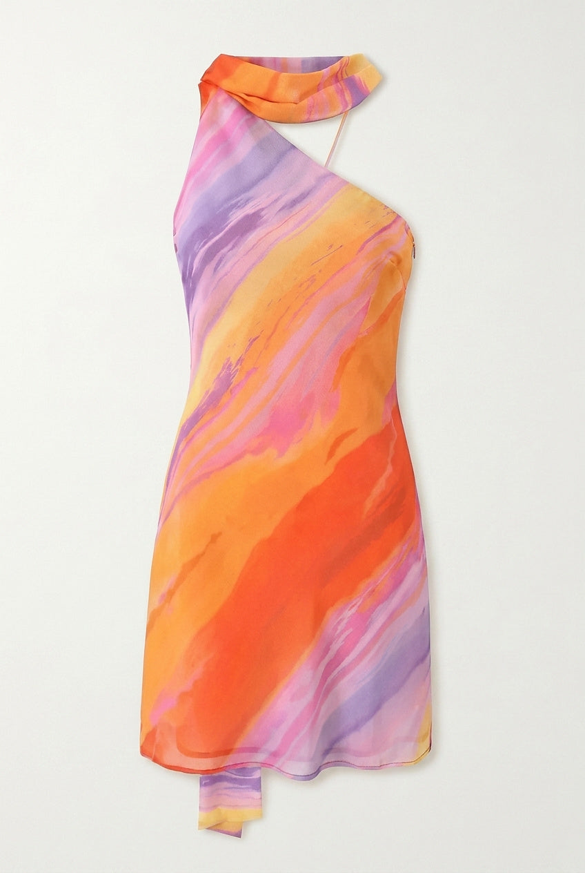 Vestido corto con cuello halter asimétrico para mujer-Mini Dress-Casaluzia