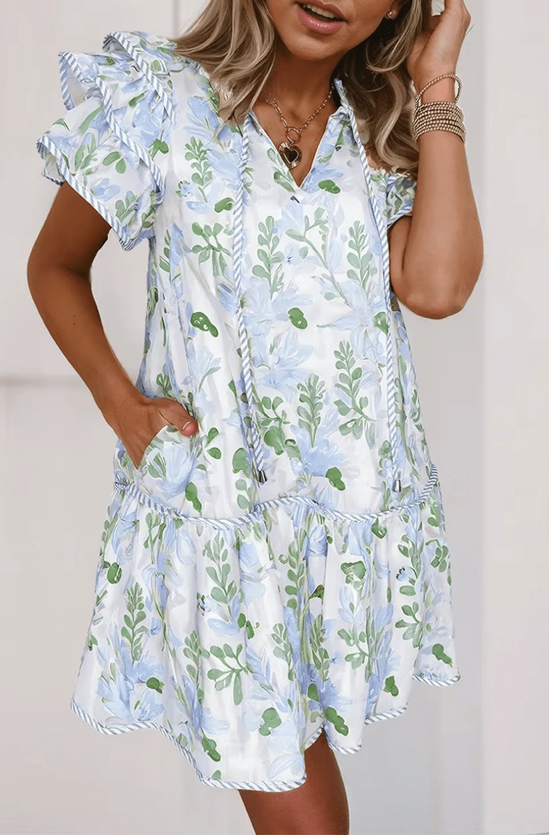 Vestido corto con estampado floral y mangas con volantes para mujer-Mini Dress-Casaluzia