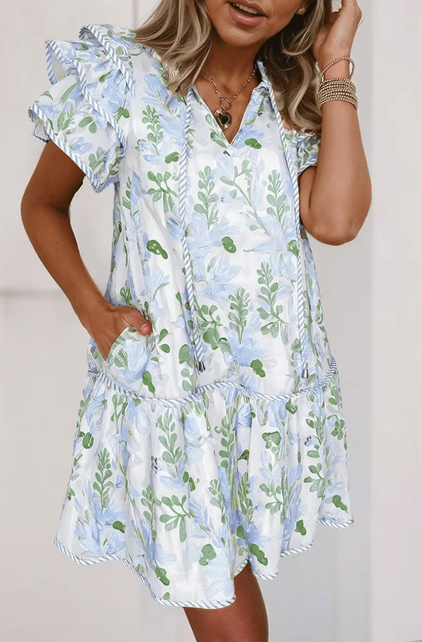 Vestido corto con estampado floral y mangas con volantes para mujer-Mini Dress-Casaluzia
