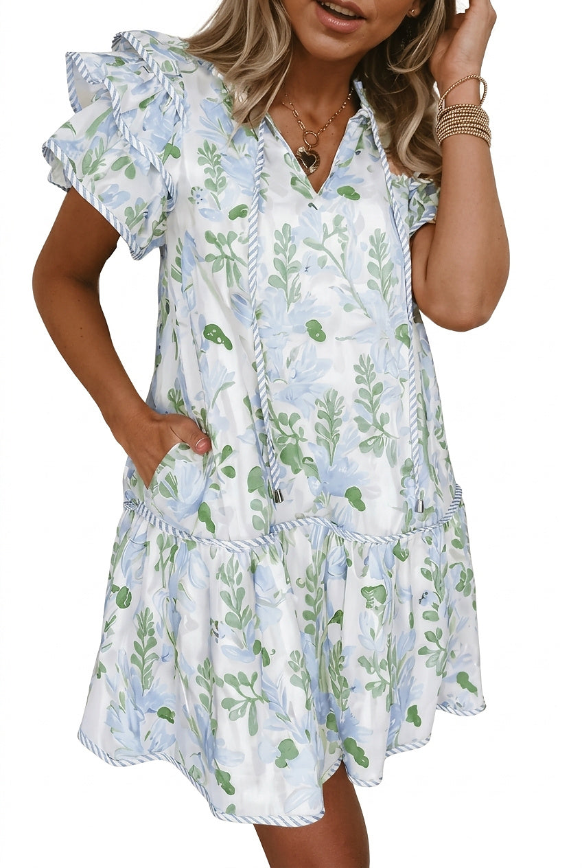 Vestido corto con estampado floral y mangas con volantes para mujer-Midi Dress-Casaluzia
