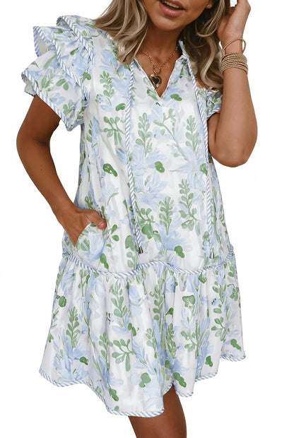 Vestido corto con estampado floral y mangas con volantes para mujer-Midi Dress-Casaluzia