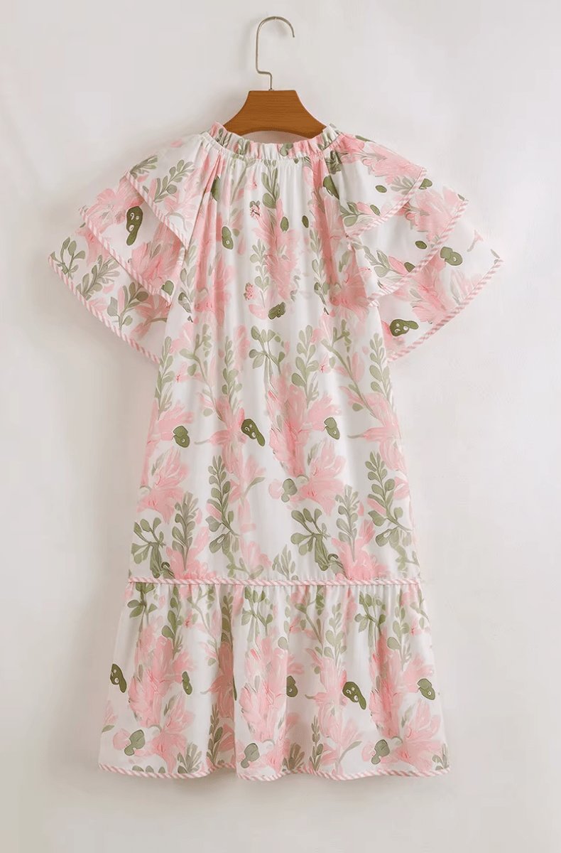 Vestido corto con estampado floral y mangas con volantes para mujer-Mini Dress-Casaluzia